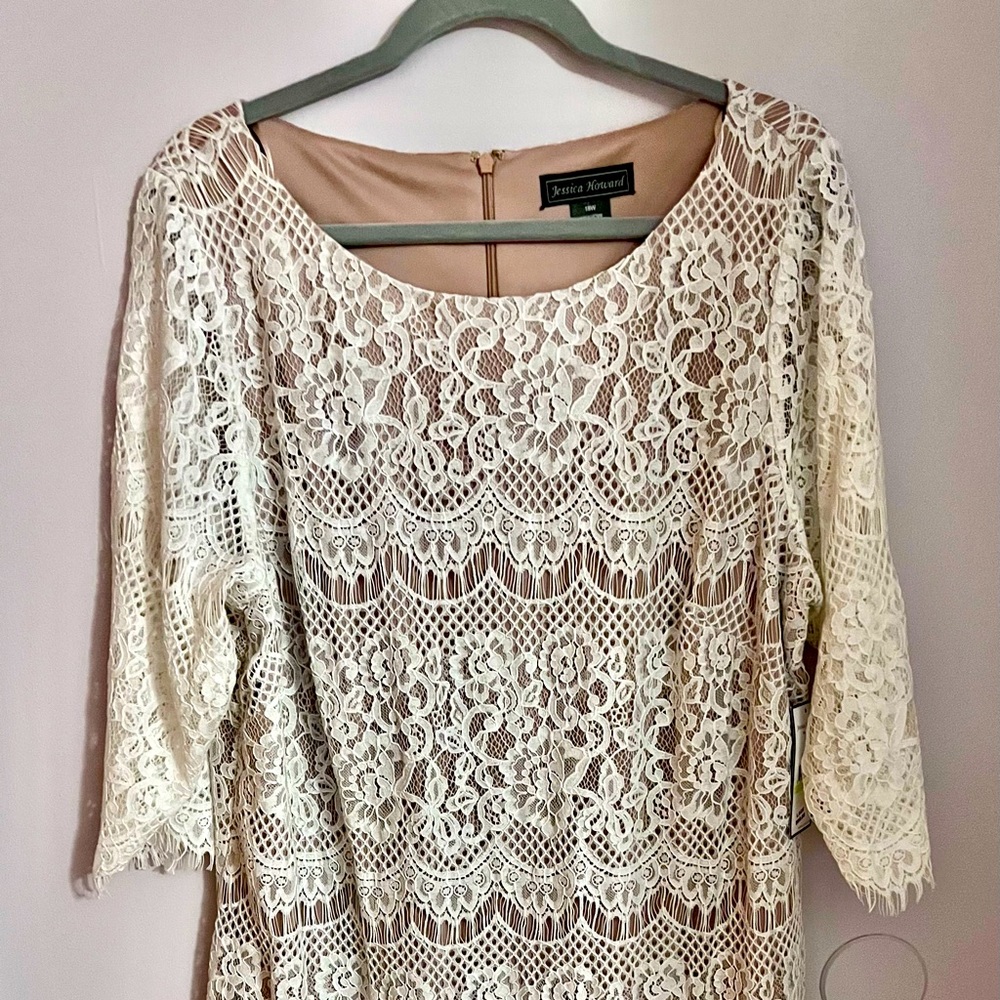 Ivory lace overlay with taupe lining dress